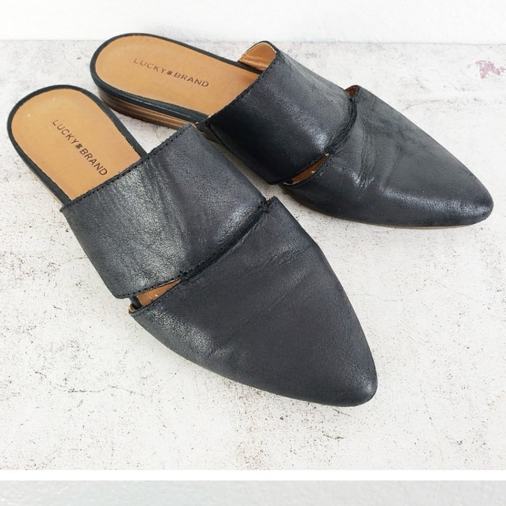 Lucky Brand Bestru Black Leather Mules, Slip On, Almond Toe, Side Cutouts, Sz 10 - Picture 6 of 8